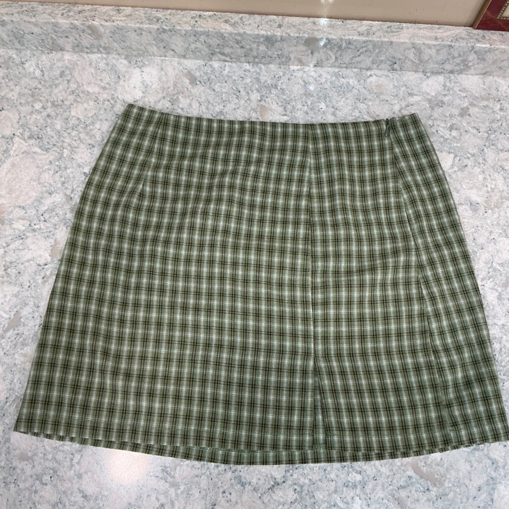 Princess Polly Mini Skirt Plaid 12 Green Brown High Waisted Side Slit Casual